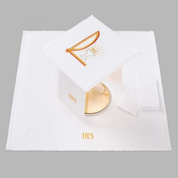 Bielizna kielichowa ołtarzowa wykończona koronką IHS z kielichem czerwony