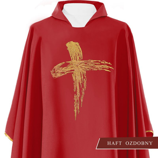 Czerwony ornat liturgiczny haftowany symbol "Krzyż" 
