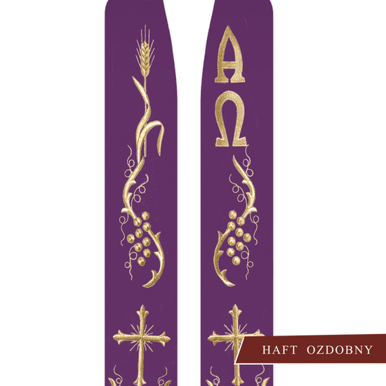 Fioletowa stuła kapłańska bogato haftowana "Alfa i Omega"