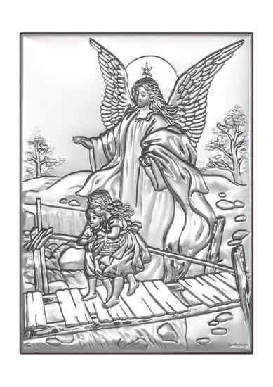 Obrazek z wizerunkiem Anioła Stróża na kładce nad dziećmi, prostokątny