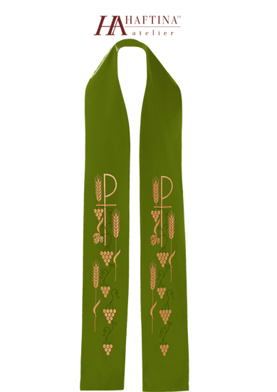 Zielona stuła kapłańska haftowana "Krzyż z winogronami" 