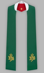 Stuła haftowana z IHS - szeroka dwustronna (zielona i czerwona)