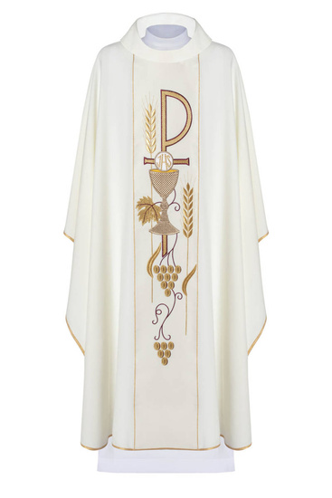 Ecru ornat haftowany z symbolem Kielicha IHS