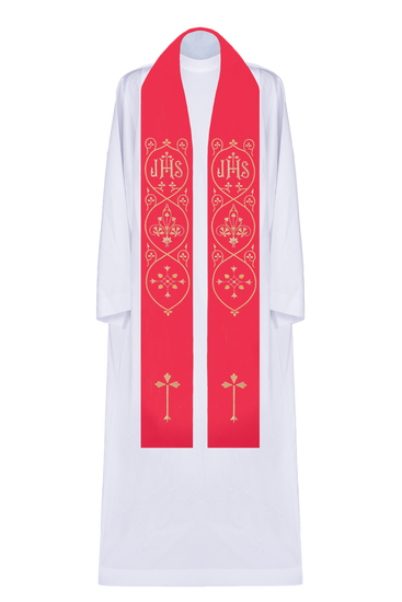 Stuła z symbolem JHS, krzyżami i ozdobnikami