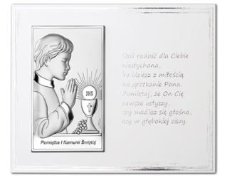 Srebrny obrazek na pamiątkę I Komunii Św. z  chłopczykiem na białym zdobionym panelu z cytatem