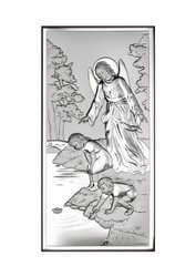 Srebrny obrazek z wizerunkiem Anioła Stróża nad dziećmi