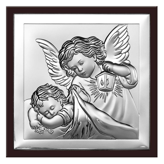 Obrazek z wizerunkiem "anioła z latarenką" w brązowej oprawie