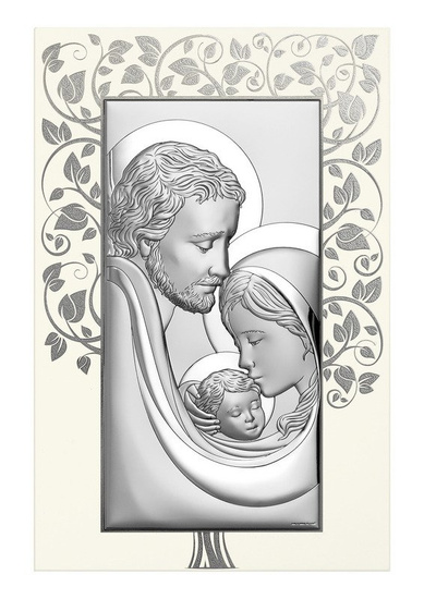 Srebrny obrazek z wizerunkiem Św. Rodziny na białym drewnie, z drzewem w tle