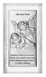 Srebrny obrazek Aniołek z latarenką z modlitwą, prostokątny na białym zdobionym drewnie