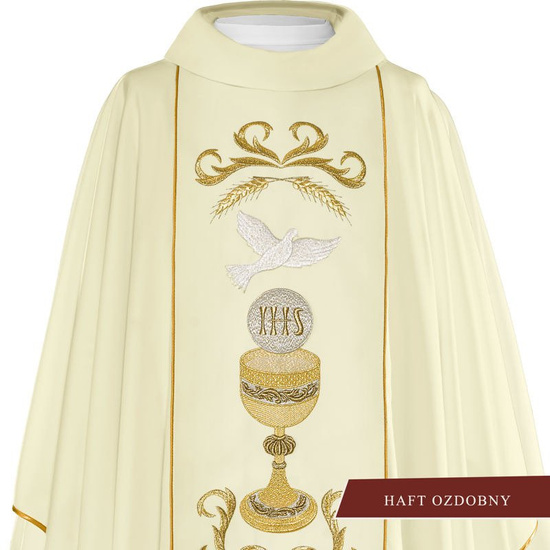 Ecru ornat haftowany z symbolem gołębia, kielich IHS 