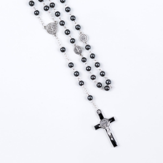 Różaniec - hematyt - 6 mm - św. Benedykt
