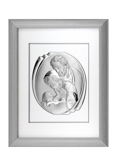 Srebrny obrazek z wizerunkiem Św. Rodziny 6380 w ramie za szkłem