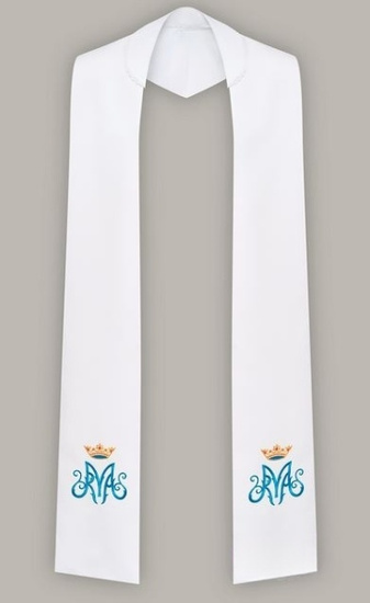 Stuła haftowana z motywem Maryjnym - szeroka jednostronna (biała)