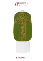 Zielony ornat rzymski bogato haftowany z symbolem kielicha eucharystycznego