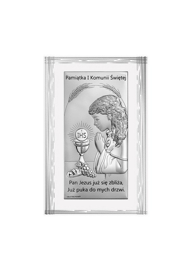 Srebrny obrazek na pamiątkę I Komunii Św. z dziewczynką na białym zdobionym drewnie, prostokątny