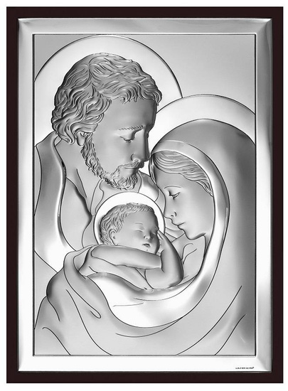 Obrazek z wizerunkiem Św. Rodziny, prostokątny na brązowym drewnie