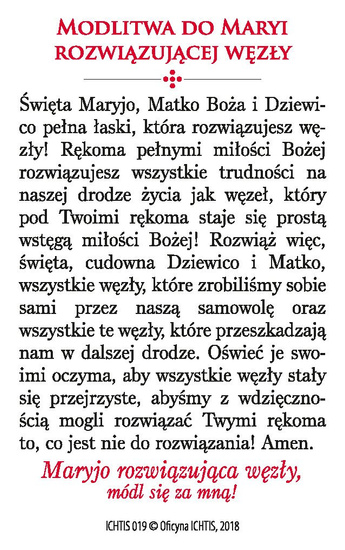 Obrazek plastikowy z modlitwą Matka Boża Rozwiązująca Węzły