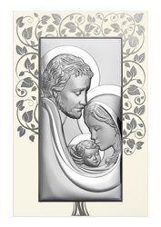 Srebrny obrazek z wizerunkiem Św. Rodziny na białym drewnie, z drzewem w tle