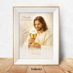 Pamiątka Pierwszej Komunii Świętej w białej ramce z personalizacją