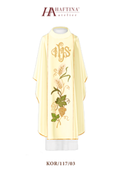 Ecru ornat na pasie haftowany symbolem IHS i motywami kłosów i winogron