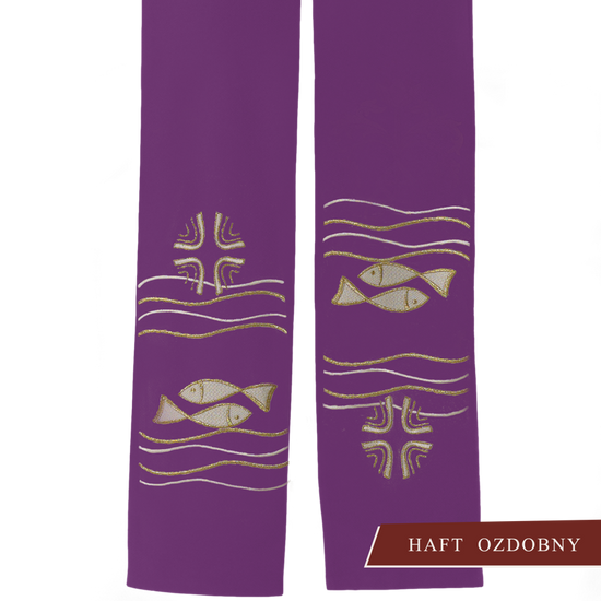 Fioletowa stuła kapłańska haftowana "Ryby" 