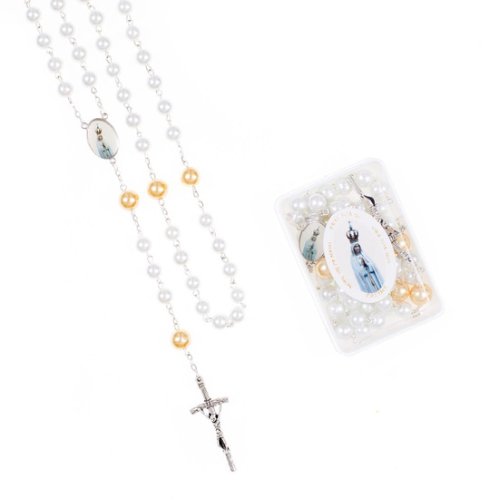 Różaniec szklany w pudełku - Matka Boża Fatimska - 0,8x0,10 cm