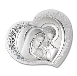 Srebrny obrazek z wizerunkiem Św. Rodziny w "sercu" na białym drewnie