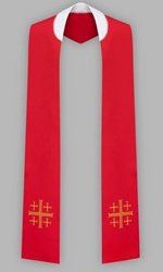 Stuła haftowana z krzyżem jerozolimskim - szeroka jednostronna (czerwona)