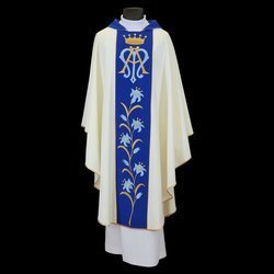 Ornat Maryjny ecru z niebieską lilią