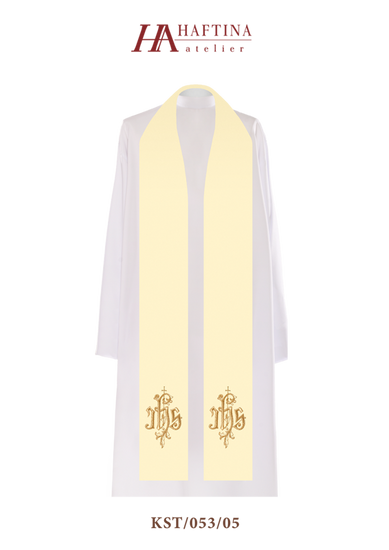 Ecru stuła kapłańska z symbolem IHS 