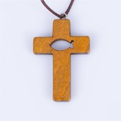 Naszyjnik - krzyżyk - rybka chrześcijańska - ICHTYS - drewno - rzemyk