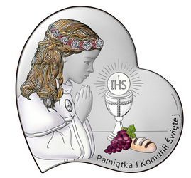 Obrazek z wizerunkiem dziewczynki modlącej IHS - Pamiątka I Komunii Świętej kolorowy