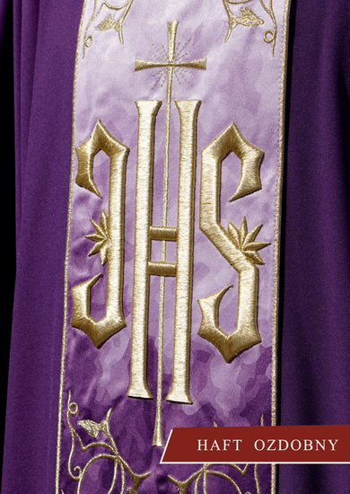 Fioletowy ornat haftowany symbol IHS 