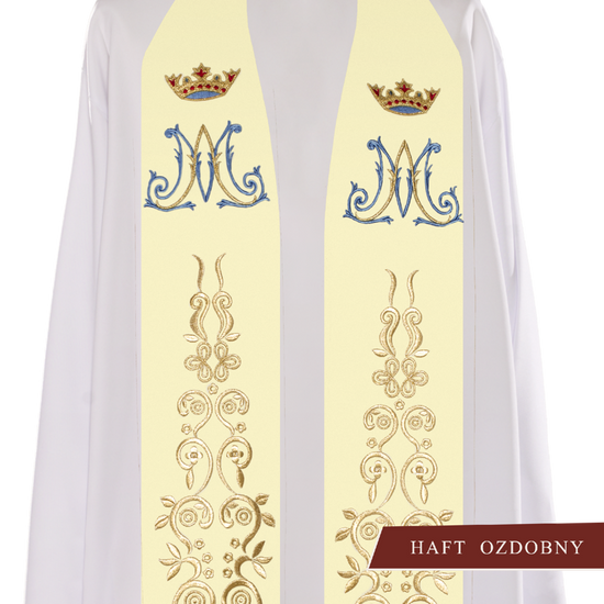 Ecru stuła haftowana Maryjna z koroną