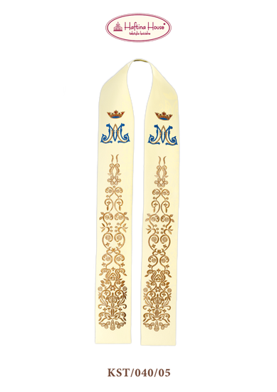 Ecru stuła haftowana z motywem Maryjnym i koroną 