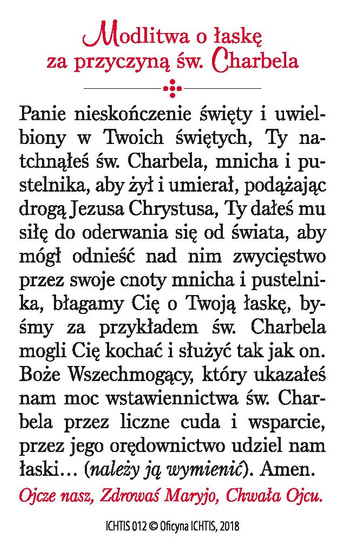 Obrazek plastikowy z modlitwą Święty Charbel