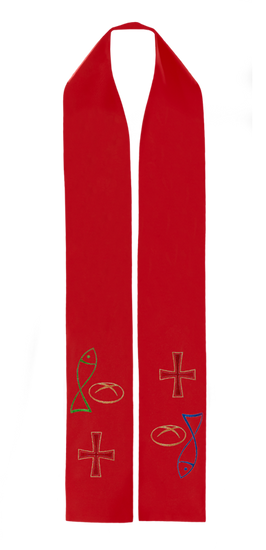 Czerwona stuła kapłańska haftowana "Ryba Chleb Krzyż" 