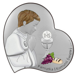 Obrazek z wizerunkiem chłopca modlącego IHS - Pamiątka I Komunii Świętej kolorowy