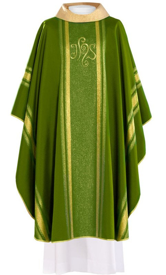 Zielony ornat haftowany z symbolem IHS ze złoceniami 