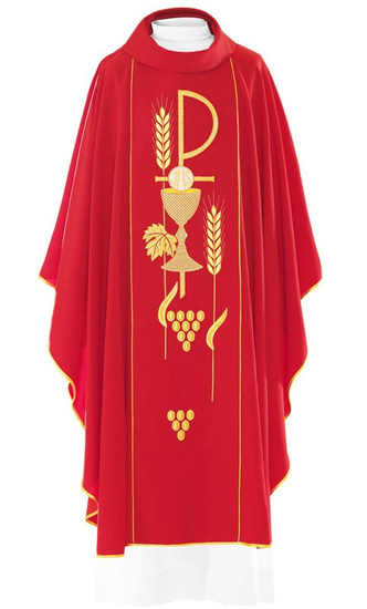 Czerwony ornat haftowany z symbolem Kielicha IHS 