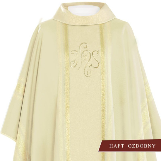 Ecru ornat haftowany z symbolem IHS ze złoceniami