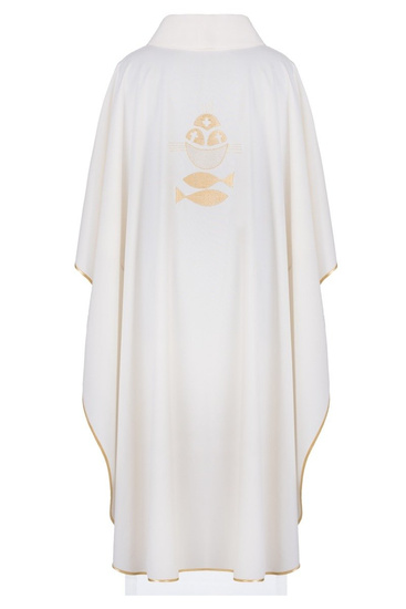 Ecru ornat haftowany z motywem kielicha, chleba i ryb