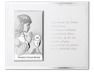 Srebrny obrazek na pamiątkę I Komunii Św. z  dziewczynką na białym zdobionym panelu z cytatem