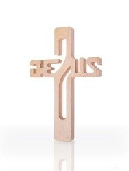 Krzyż z drewna bukowego z napisem Jezus