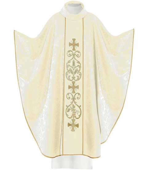 Ecru ornat liturgiczny zdobiony haftowanym pasem 