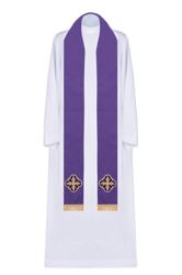 Fioletowa stuła kapłańska haftowana zdobiona kamieniami fasetowanymi i zakończona frędzlami