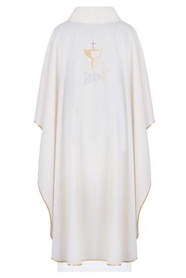 Ecru ornat haftowany z emblematem kielicha z krzyżem i winogronami