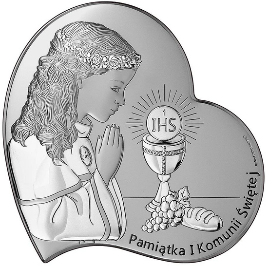 Obrazek z wizerunkiem modlącej dziewczynki IHS-Pamiątka I Komunii Świętej