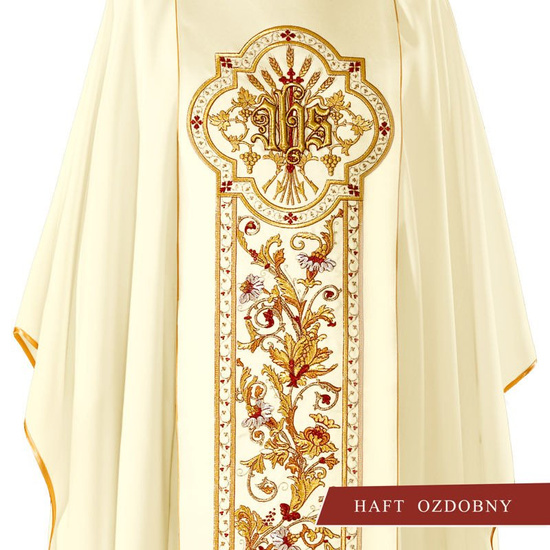 Ecru ornat bogato haftowany z symbolem IHS