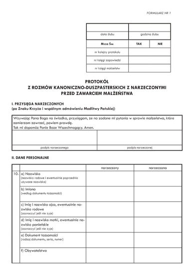 Protokół z rozmów z narzeczonymi przed zawarciem małżeństwa [10 szt.] 